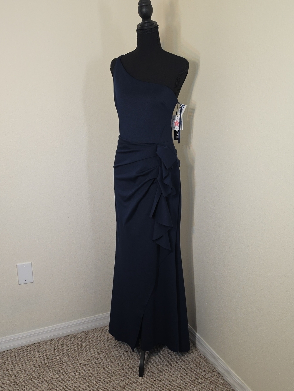 Xscape Evenings One-Shoulder Ruffled Long Fit & Flare Dress | Blue | Size 10